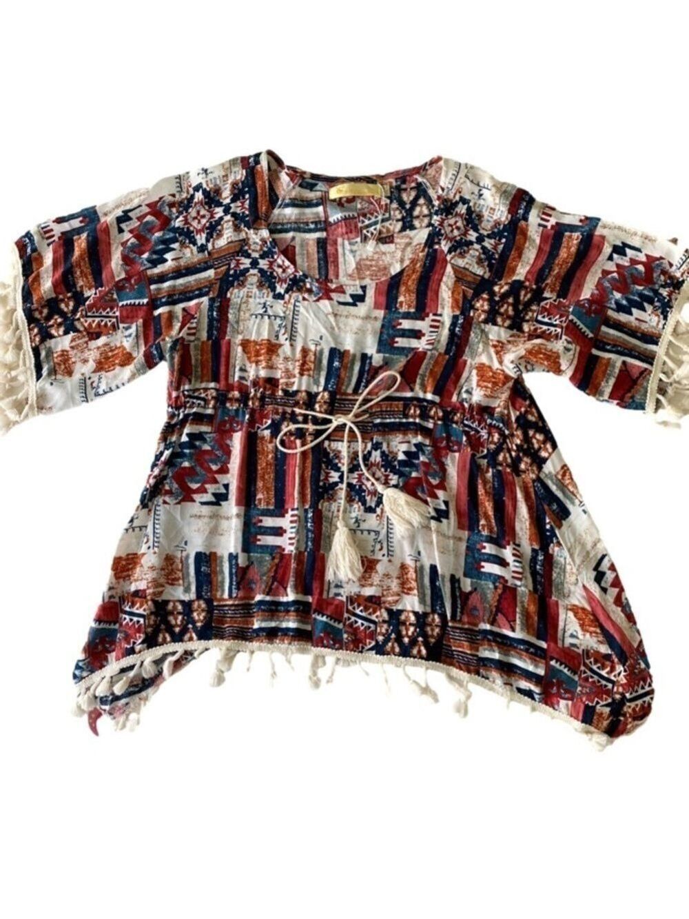 NWOT Cynthia Mehra Top Pullover Short SleeveTassel Endings Women’s Size S/M